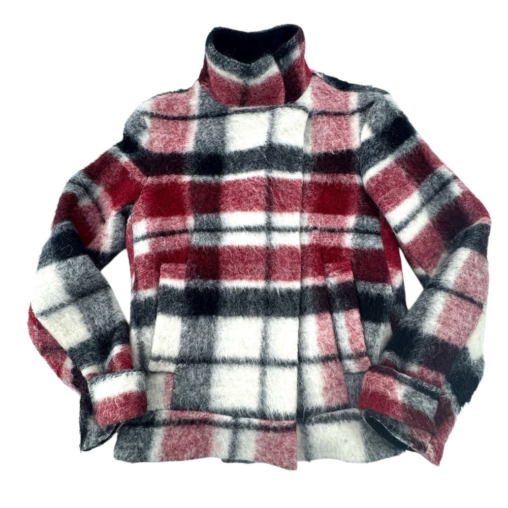 Zara Wool Mohair Jacket Maroon/Black/White Plaid‎ Asymmetric Snap Close Womens S - Picture 4 of 12